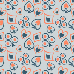 Seamless vector pattern with icons of playings cards. background with hand drawn symbols. Decorative repeat ornament. Series of Gaming and Gambling Seamless vector Patterns.
