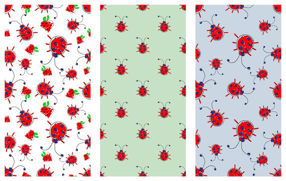 Set of Seamless vector pattern with insect. Cute hand drawn endless background with childish ladybugs and strawberry. Series of Doodle, Cartoon and Sketch vector seamless patterns.