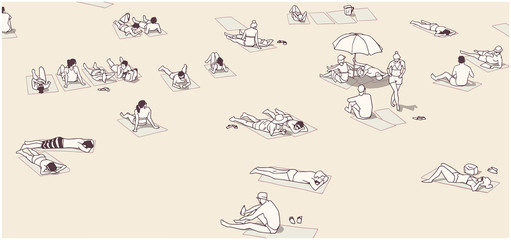Illustration of people relaxing and sunbathing on sand