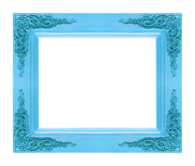 Classic wooden frame isolated on white background, blue color
