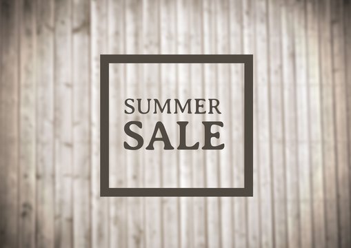 Brown summer sale graphic against blurry wood panel