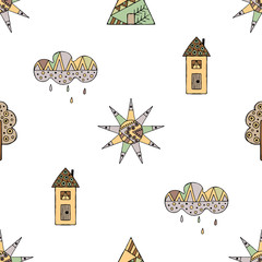 Vector hand drawn seamless pattern, decorative stylized childish house, tree, sun, cloud, rain Doodle style, graphic illustration Childlike cute cartoon, hand drawing in vintage brown colors.