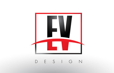 EV E V Logo Letters with Red and Black Colors and Swoosh.