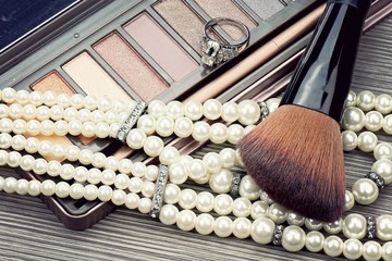 Close up of beautiful set of women's fashion accessories and cosmetics.