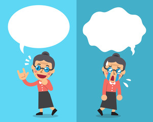 Cartoon senior woman expressing different emotions with white speech bubbles