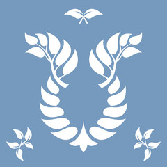 White abstract wreath on a blue background. Foliate element. Deciduous ornament.