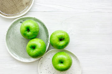 summer food with green apples on white background top view mock up