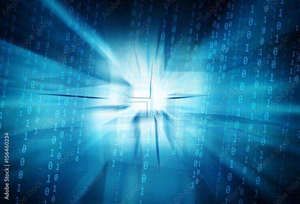 Poster artistic computer data on a motion blurred square shape illustration background.
