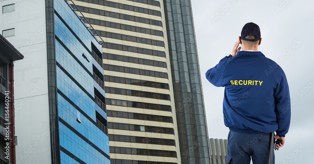 Poster security guard talking on bluetooth device