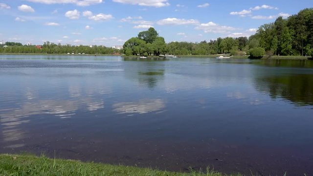 Beautiful pond in the park. Sredniy Tsaritsynskiy prud. Tsaritsyno Park, Moscow, Russia. 4k real time video