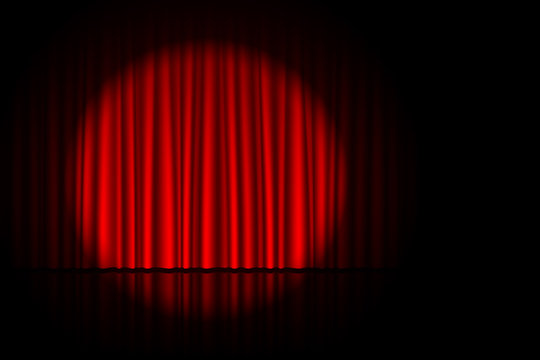 Stage with red curtain and spotlight on it. Theater, circus or cinema poster background with space for text
