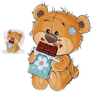 Vector illustration of a brown teddy bear sweet tooth holding in its paws a chocolate bar and eating it. Print, template, design element
