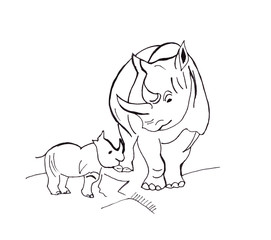 Illustration contour sketching a family of hippos: mother and son, or mother and daughter