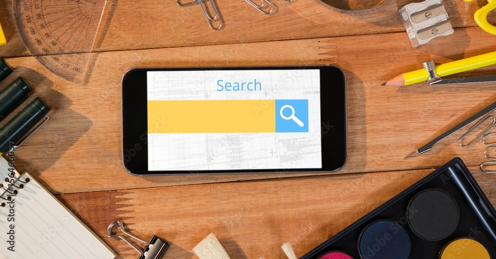 Poster directly above shot of smart phone with searching