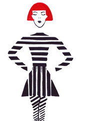 Illustration sketching a portrait of a woman in a striped dress and red short hair