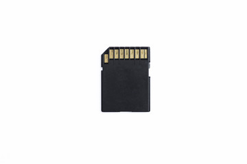 Back side of black SD memory card on white background