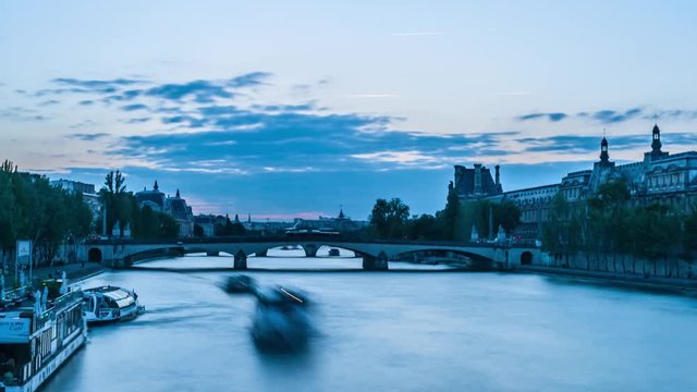 Timelapse Sunset on the Seine river in Paris, France