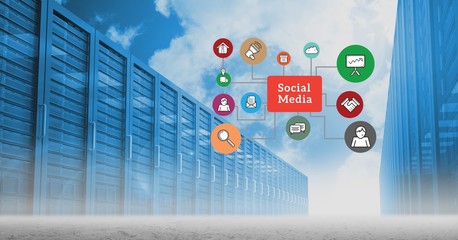 Digital composite image of servers with social