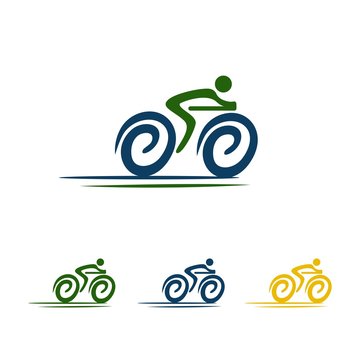 stickman cycling by bicycle simple logo vector