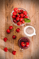 Fototapeta na wymiar Ripe cherries on wooden table.