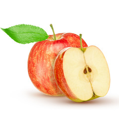 Red yellow apple with green leaf and slice isolated on white background