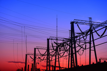 High voltage substation in the setting sun