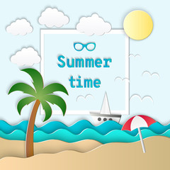 Fototapeta na wymiar Vector illustration of the sea, sun and palm on the beach. Paper art style. Summer time card