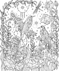 Birds and flowers coloring page. Birds of paradise vector illustration. - 156478864
