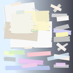 Multiple pieces of sticky tape and different size and shape notepaper on color gradient background 