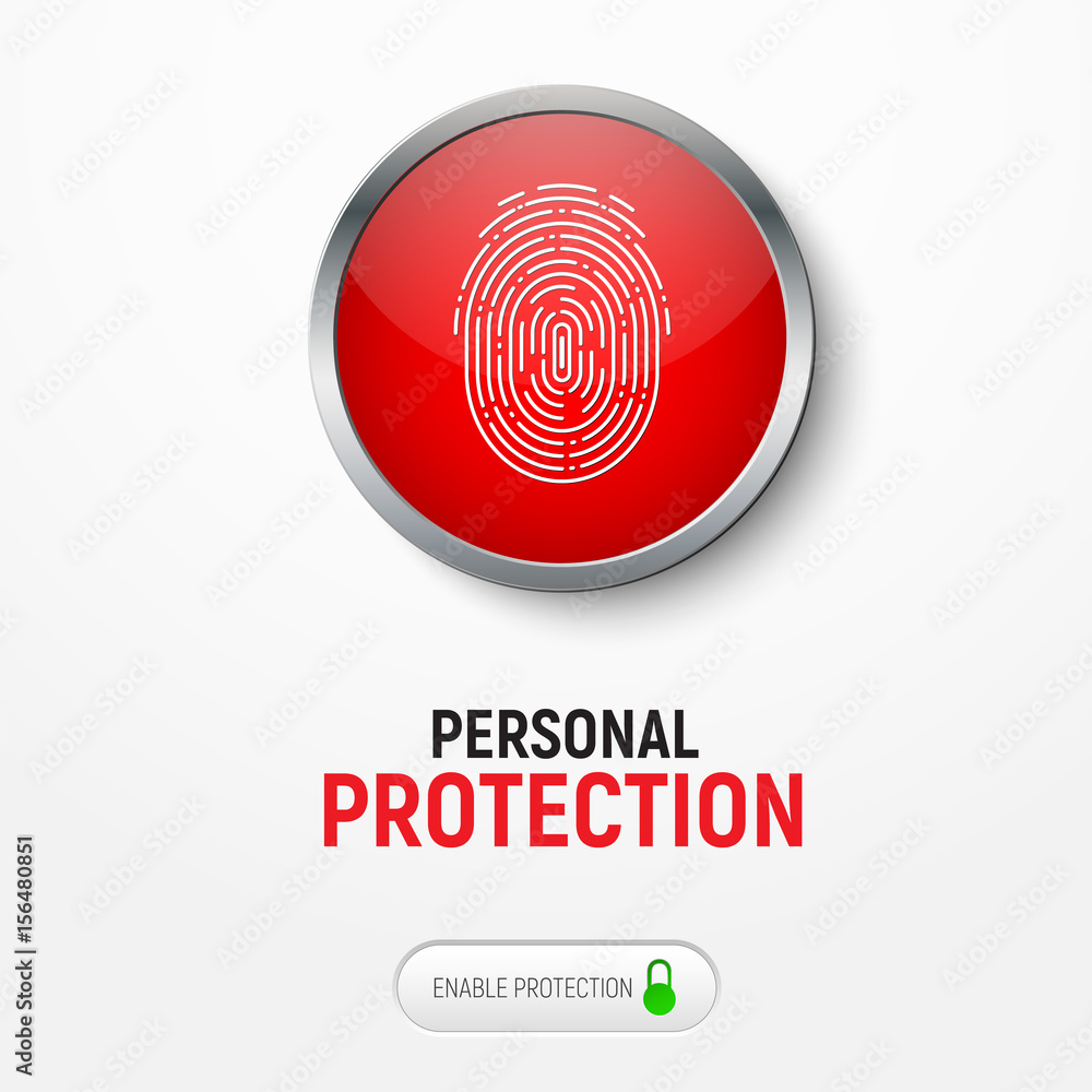 Poster design of a white banner with a red button with a fingerprint for protecting information.