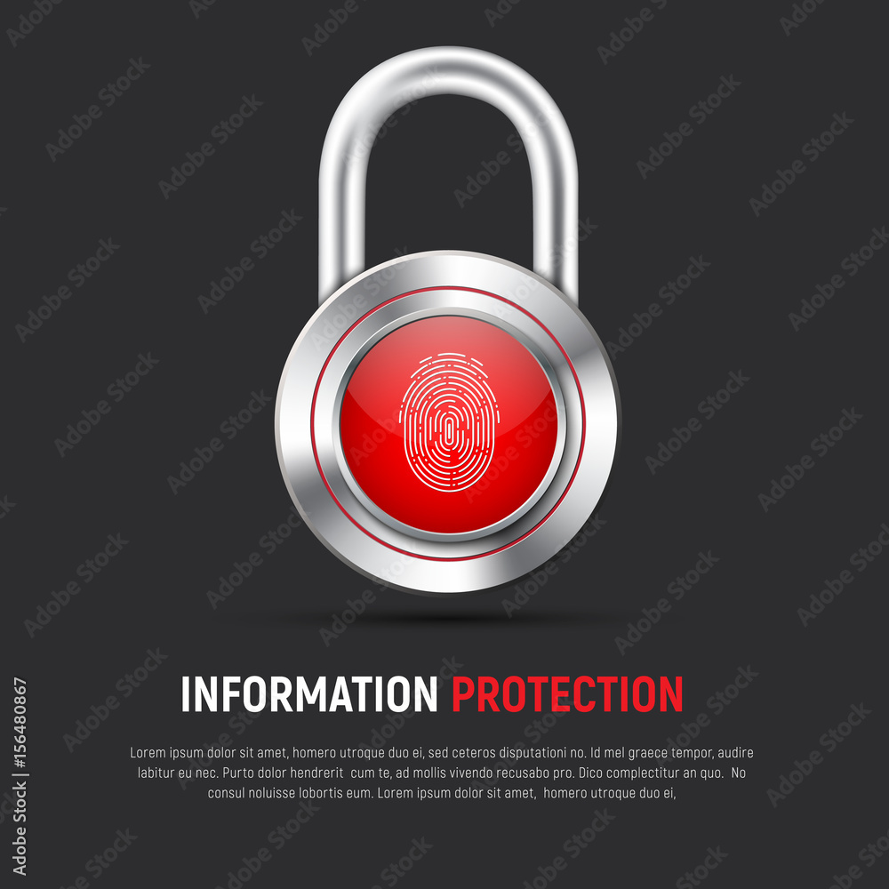 Poster template of a black square web banner with a hinged metal lock with a fingerprint