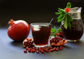 Pomegranate juice, fruit, seeds, branches.