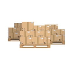 Boxes on wooded pallet. Brown closed carton delivery packaging boxes with fragile signs on wooden pallet