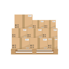 Boxes on wooded pallet. Brown closed carton delivery packaging boxes with fragile signs on wooden pallet