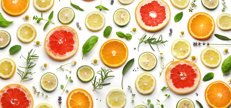 Sliced fruits and herbs