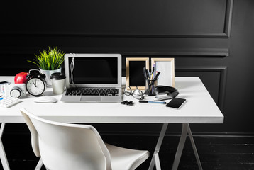 Office leather desk table with computer, supplies