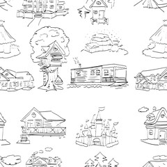 habitation set seamless pattern design - vector illustration sketch hand drawn with black lines, isolated on white background