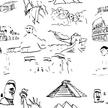 famous global landmark set seamless pattern design - vector illustration sketch hand drawn with black lines, isolated on white background