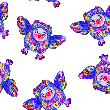 Bright seamless pattern with blue owlet. Watercolor hand drawn kids illustration. Hand drawn seamless pattern (tiling) with owls.  Isolated objects on a white background.