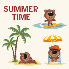 Summer time. Set happy bear resting on beach. Collection cartoon bear in different poses. Collection happy bear, surfing, laying under palm tree, resting in recliner with cocktail.