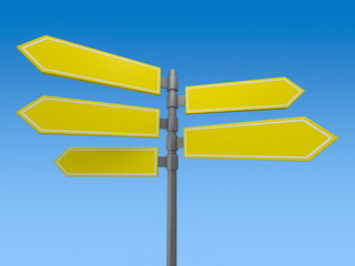 Blank signs pointing in opposite directions. 3D rendering