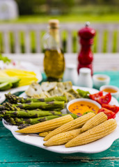 Picnic in the garden and Italian food pinzimonio. Fresh and raw vegetables.