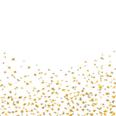 Gold stars falling confetti frame isolated on white background. Golden abstract shiny pattern Christmas, New Year holiday celebration, festive, party. Glitter explosion on floor Vector illustration