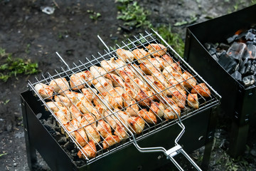Skewers of chicken or meat fried on a barbecue on the grill, barbecue.