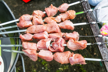 Pieces of raw meat, pork kebab on a skewer, barbecue.