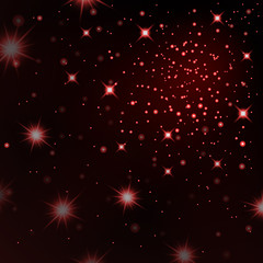 Red light stars on black background. Abstract bokeh glowing design. Shine bright elements. Shiny fantasy glow in dark. Vector illustration