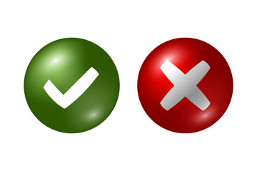 Obraz premium Tick and cross signs. Green checkmark OK and red X icons, isolated on white background. Marks graphic design. Circle symbols YES and NO button for vote, decision, web. Vector illustration