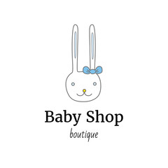 Vector logo template for baby shop or store. Illustration of a cute rabbit with blue bow on his ear. Child logotype. Can be used for print on clothes for boys and girls, decoration, design banners, we