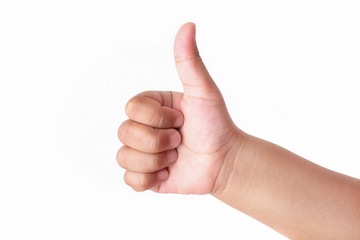 Child's hand showing thumb up, like, isolated on a white background