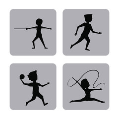 monochrome square buttons set of female and male silhouette athletes of variety sports vector illustration